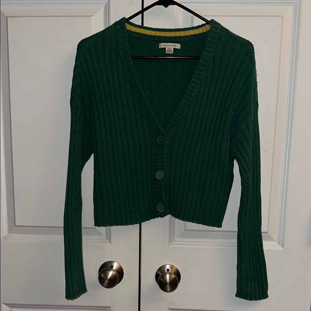 Green Ribbed V-Neck Sweater